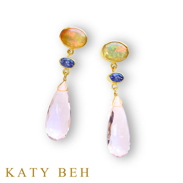 Desi Ethiopian Opal, Tanzanite and Rose Quartz Earrings